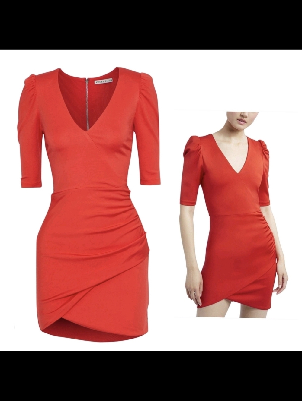 Alice + Olivia Judy Red Puff Sleeve Ruched Mini Cocktail Dress Size 10 NWOT
